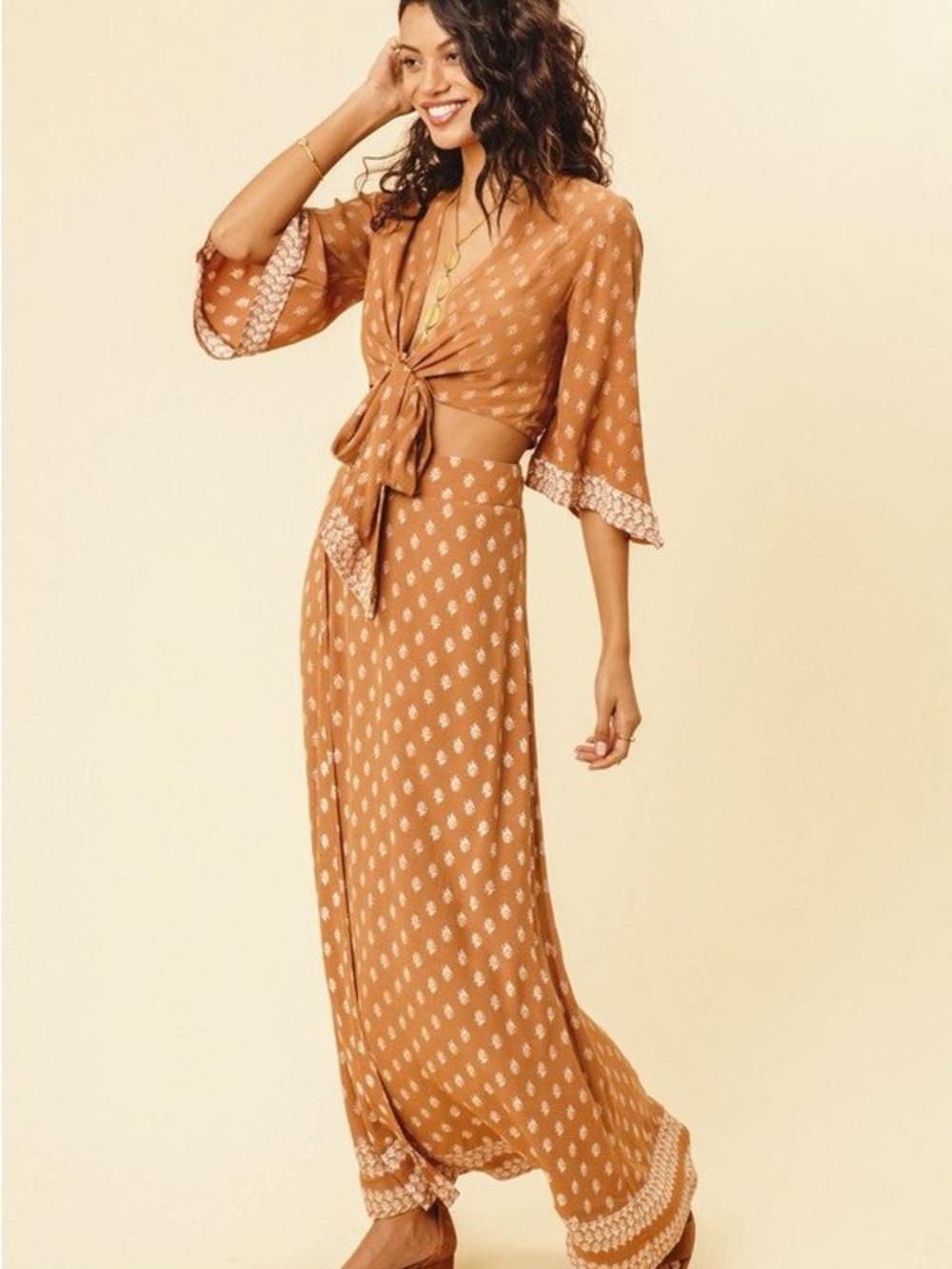 Faithfull the Brand Bianca Tan Tie-Front Boho Maxi skirt & top